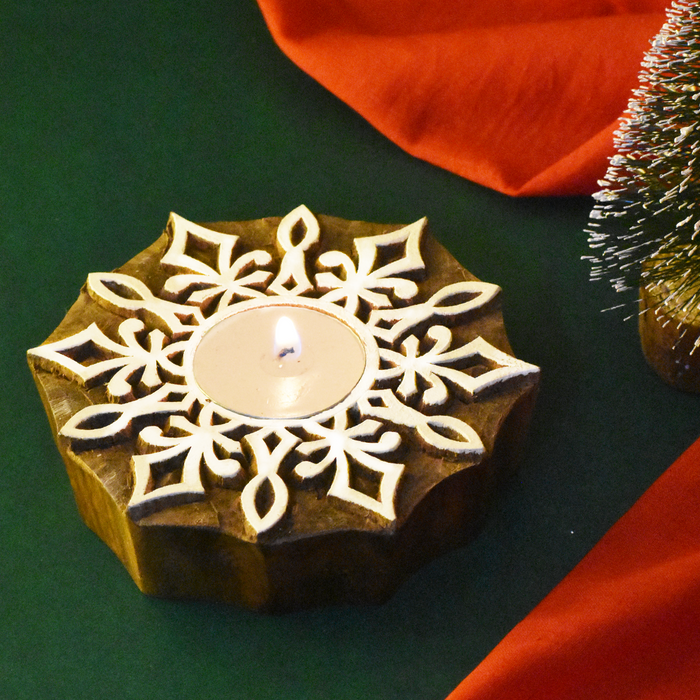 Hand Carved Christmas Snowflake Wooden T-light Holder