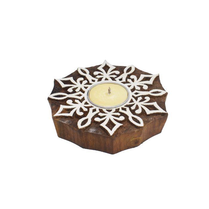 Hand Carved Christmas Snowflake Wooden T-light Holder