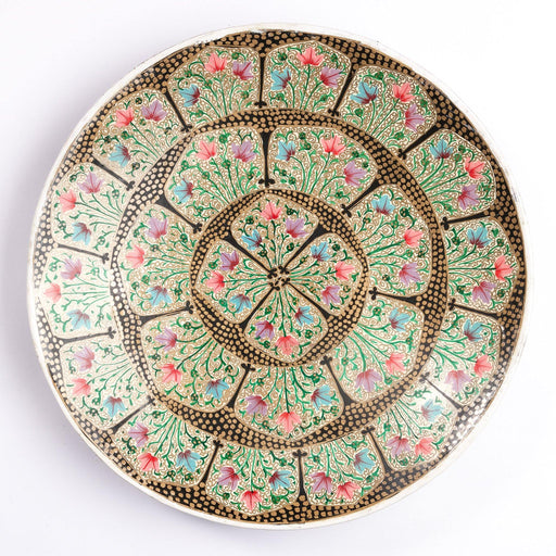Concentric Golden Floral Papier Mache Plate, Concentric Golden Floral Design, Papier Mache Plate, Kashmiri art, Hand painted plates, composite material art, decorative plates, wall hanging plates, repulped paper art, handicraft, handmade, home decor, eco-friendly, sustainable, 