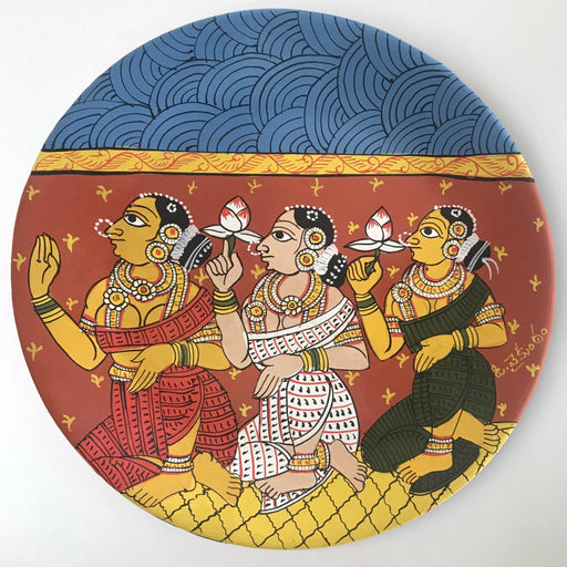 Cheriyal Painting, Nakashi Art, miniatured cheriyal painting, cheriyal handprinted wall hanging plate, Rural women painting, Rural women worshiping Lord Vishnu wall painting, Telangana folk art