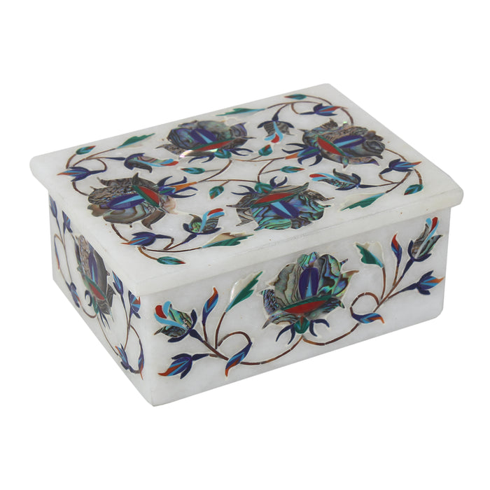 Nabiha, White Marble Jewellery Box Inlaid with Gemstones