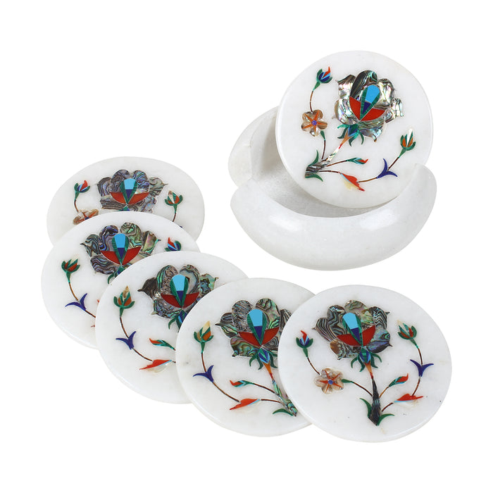 Roshan, White Marble Coasters Inlaid with Gemstones