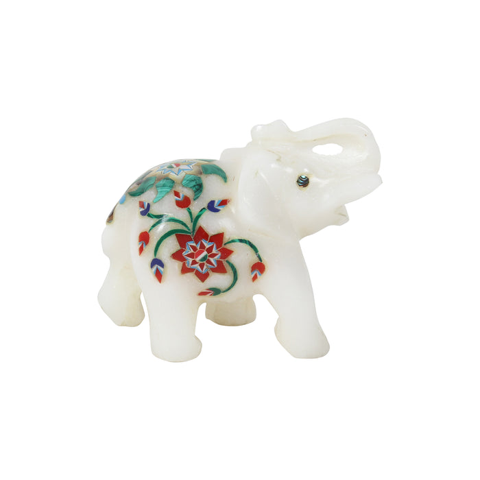 Faryar, White Marble Elephant Figurine Inlaid with Gemstones