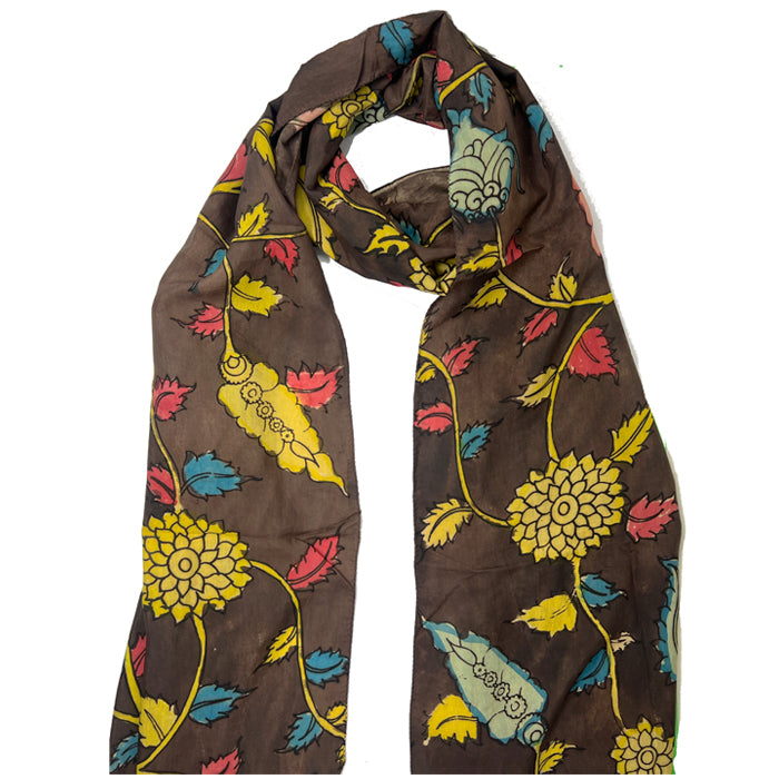 Brown and Multicolour Kalamkari Cotton Silk Stole