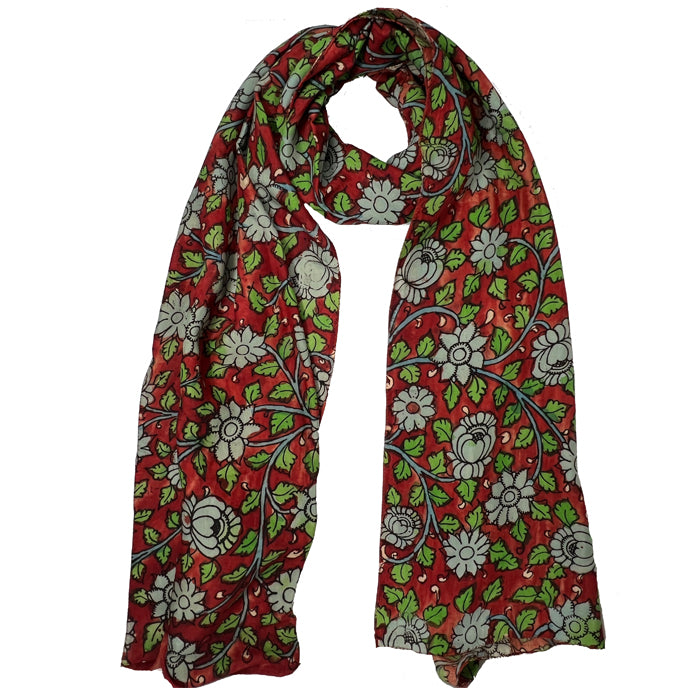 Maroon Kalamkari Stole with Green and Blue Floral Designs