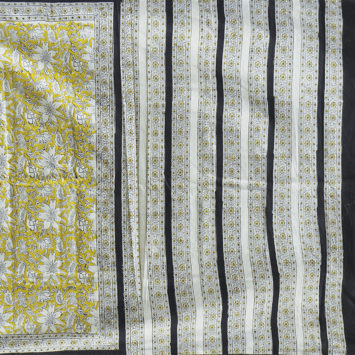 Mustard Hand Block Print Mulmul Saree with flower Motifs