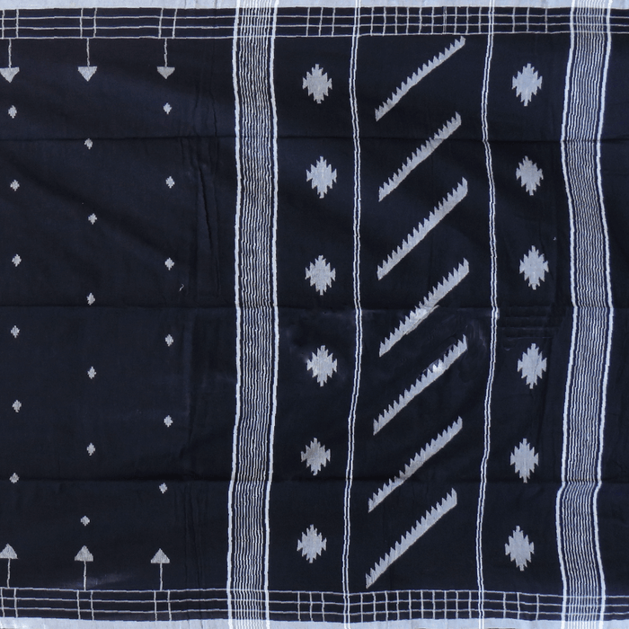 Black Jamdani Cotton Saree with White Motifs