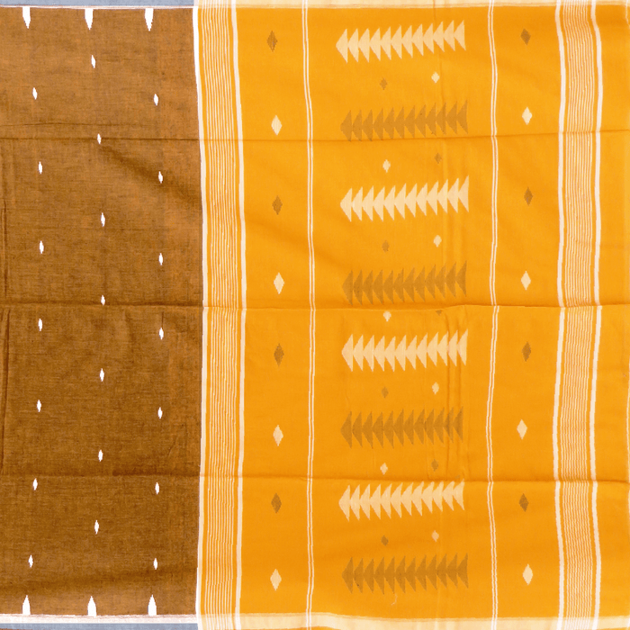 Brown Jamdani Cotton Saree with White Motifs and Mustard Yellow Pallu