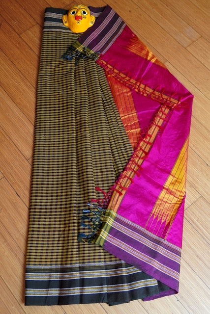 Mehandi Green cotton Ilkal saree with Brown Gayathri border and Rani Pink pallu