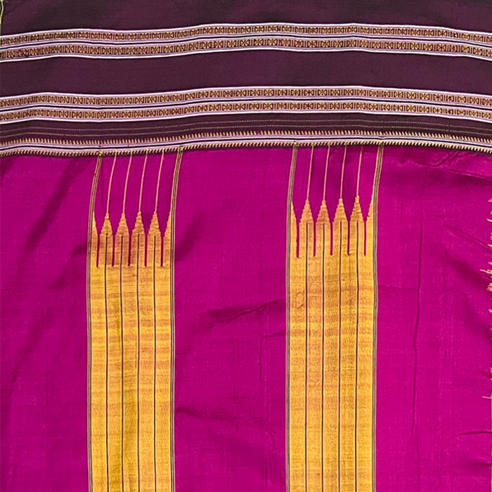 Mehandi Green cotton Ilkal saree with Brown Gayathri border and Rani Pink pallu