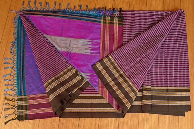 Purple cotton Ilkal saree with Olive Gayathri Green border and Vilolet pallu