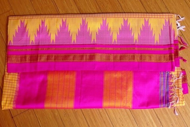 Golden Yellow Silk saree with Chikki Paras and Kyadegi Rani Pink border
