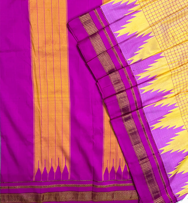 Golden Yellow Silk saree with Chikki Paras and Kyadegi Rani Pink border