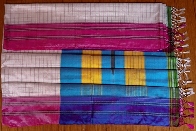 White silk ilkal saree with Pink Gayathri border and sky blue pallu