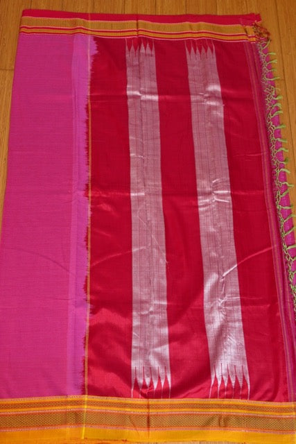 Rani Pink Cotton Ilkal Saree with Mustard Yellow Chikki Paras border