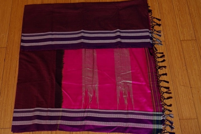 Brown Cotton Ilkal Saree with Purple Gayathri  border
