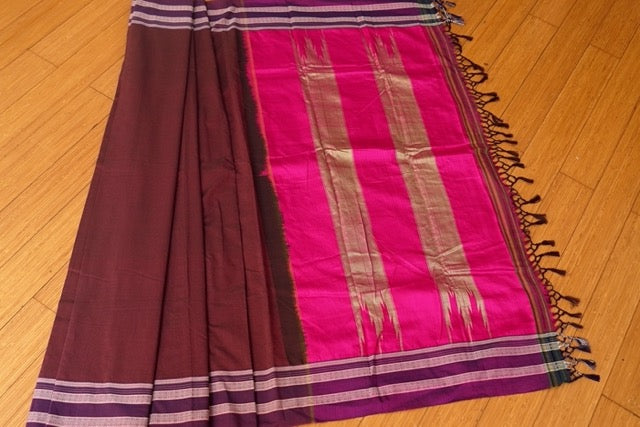 Brown Cotton Ilkal Saree with Purple Gayathri  border