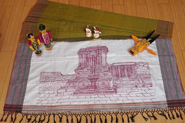 Mehandi Green Cotton iIkal Saree with Dark Mehandi Green Border and Hampi stone chariot motif on the pallav