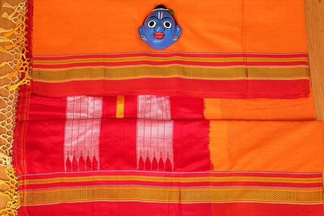 Orange Cotton Ilkal saree with Red Chikki Paras Border