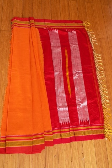 Orange Cotton Ilkal saree with Red Chikki Paras Border