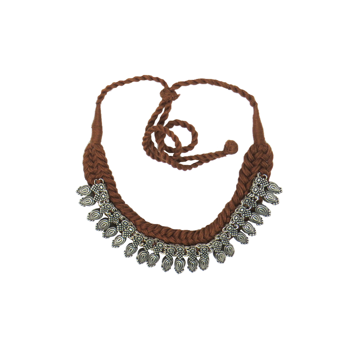 Handcrafted Patwa Brown colored Thread Work Necklace with Metal Beads