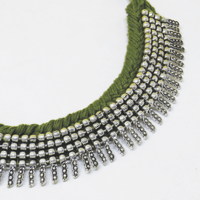 Handcrafted Patwa Light Green cotton thread beaded necklace