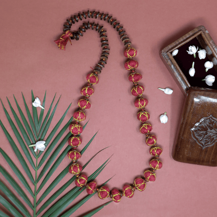 Handcrafted Patwa  Red cotton thread beaded necklace