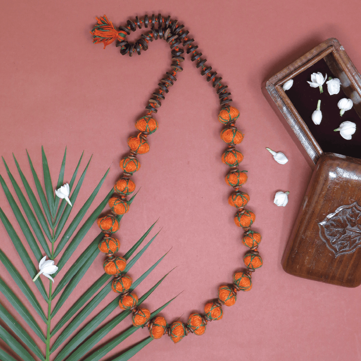 Handcrafted Patwa Orange cotton thread beaded necklace — TVAMI