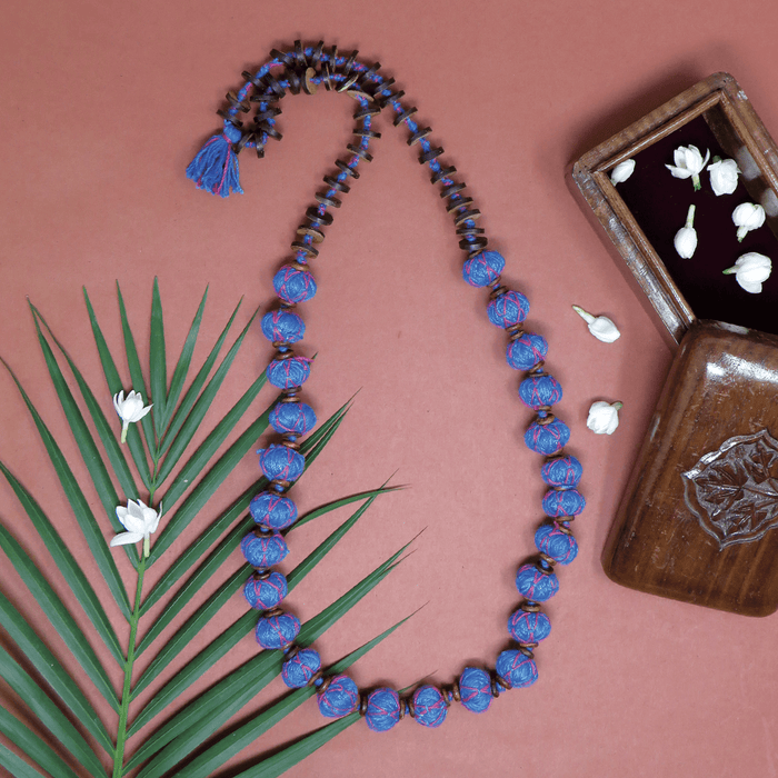 Handcrafted Patwa Blue cotton thread beaded necklace