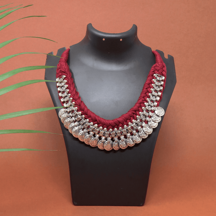Handcrafted Patwa Maroon colored Thread Work Necklace with Metal Beads