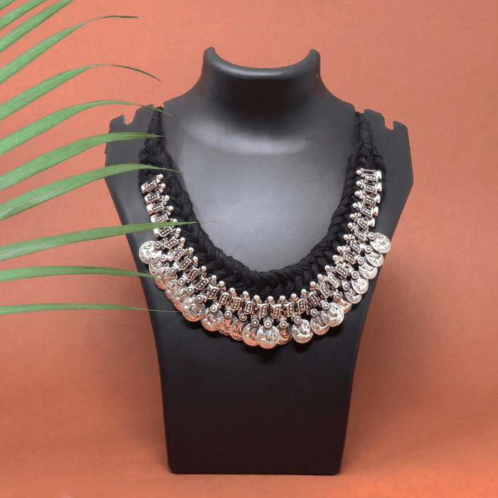 Handcrafted Patwa Black Colored Thread Work Necklace with Metal Beads