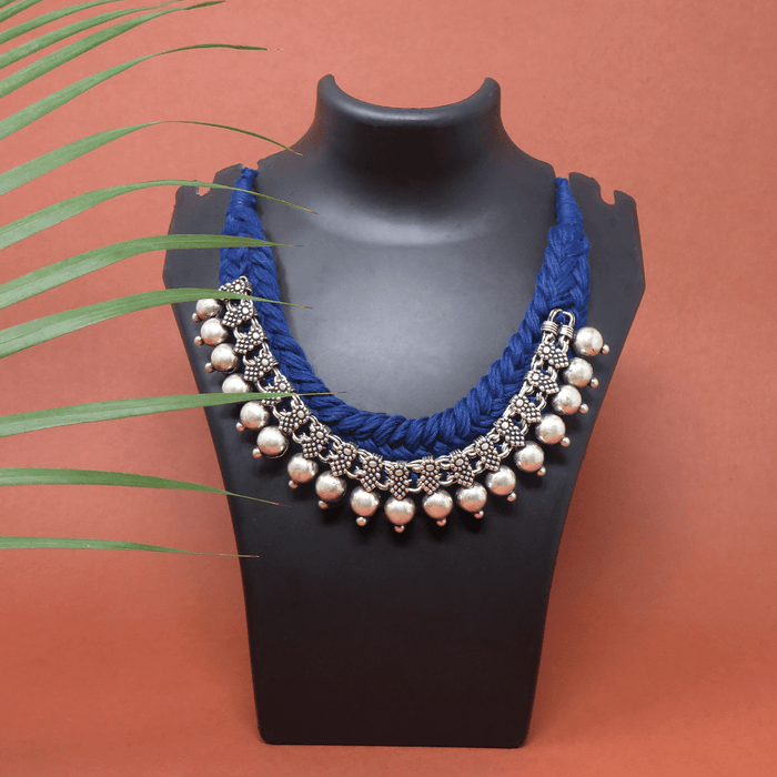 Handcrafted Patwa Navy Blue colored Thread Work Necklace with Metal Beads