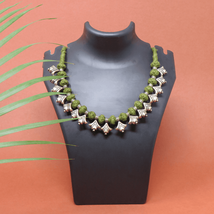 Handcrafted Patwa Lawn Green colored Thread Work Necklace with Metal Beads