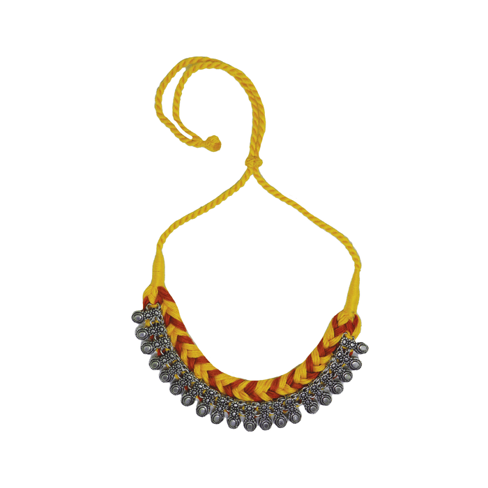 Handcrafted Patwa Yellow and Red cotton thread beaded necklace