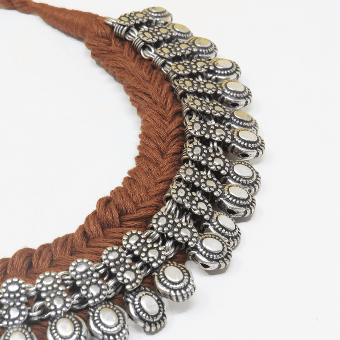 Handcrafted Patwa Light Brown colored Thread Work Necklace with Metal Beads