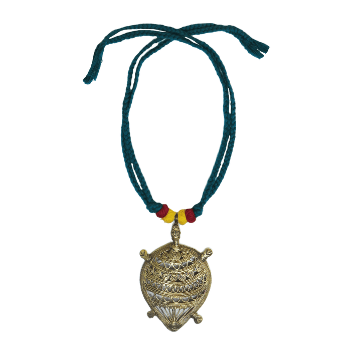 Dokra Handcrafted brass turtle pendant with dark green cotton thread