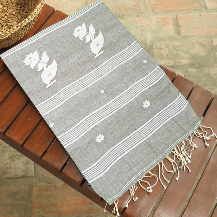 Light Grey Jamdani Cotton Saree with White Phoolpatha Motifs