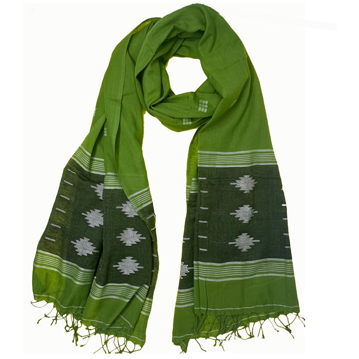 Green Jamdani Cotton Stole with Kakra tool motif with Dark Green Border