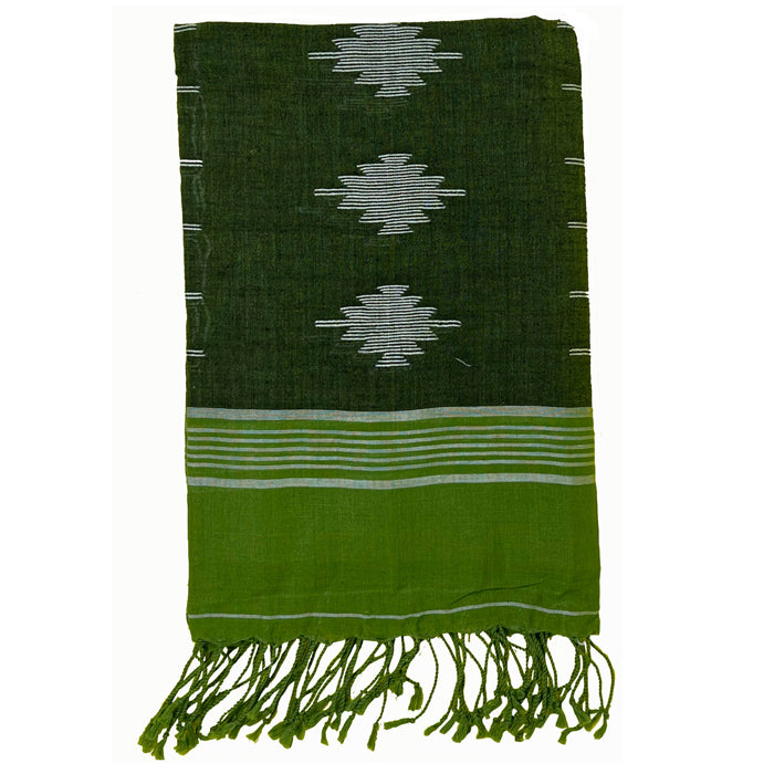 Green Jamdani Cotton Stole with Kakra tool motif with Dark Green Border