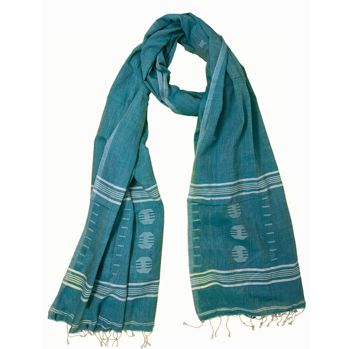 Sea Green Jamdani Cotton Stole with White Dhanacharia motif