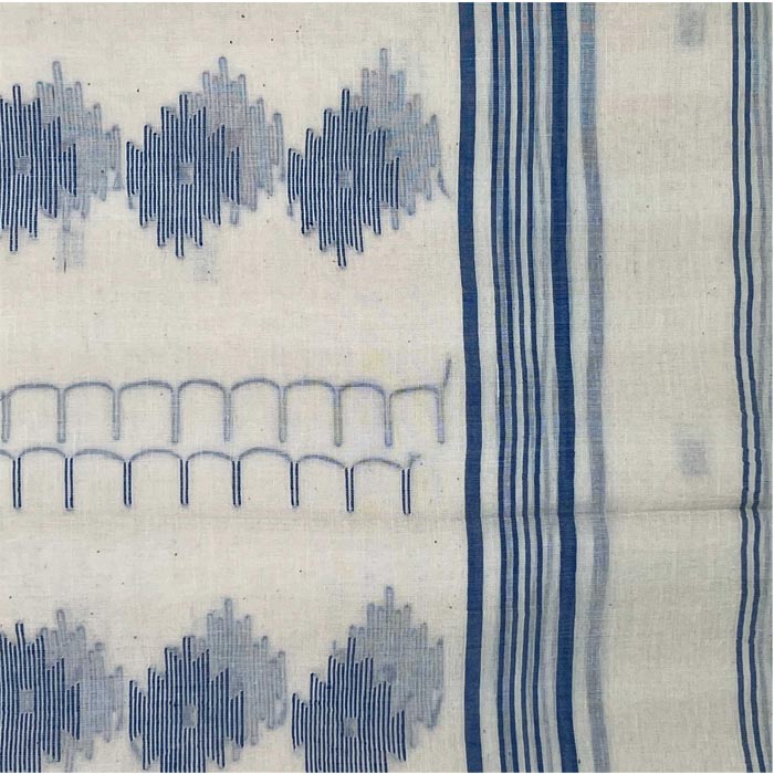 White Jamdani Cotton Stole with Blue Belpatha Motif