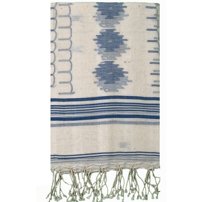 White Jamdani Cotton Stole with Blue Belpatha Motif