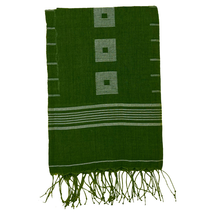 Dark Green Jamdani Cotton Stole with White Box Motif