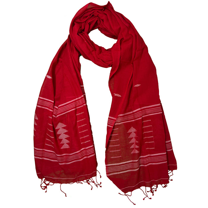 Red Jamdani Cotton Stole with White Christmas Tree Motif