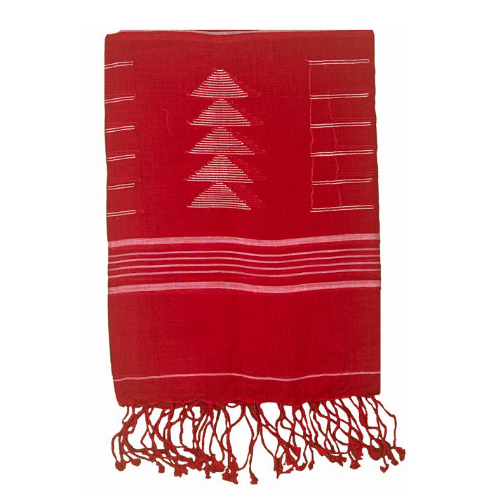 Red Jamdani Cotton Stole with White Christmas Tree Motif