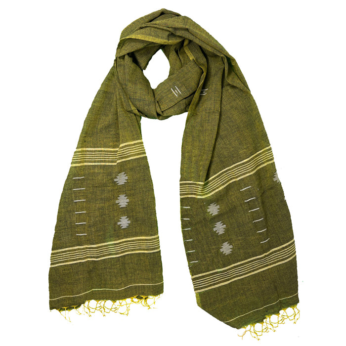 Mehandi Green Jamdani Cotton Stole with White Kakra tool Motif