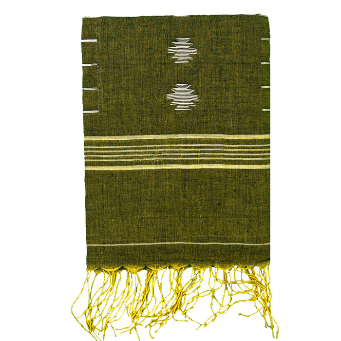 Mehandi Green Jamdani Cotton Stole with White Kakra tool Motif