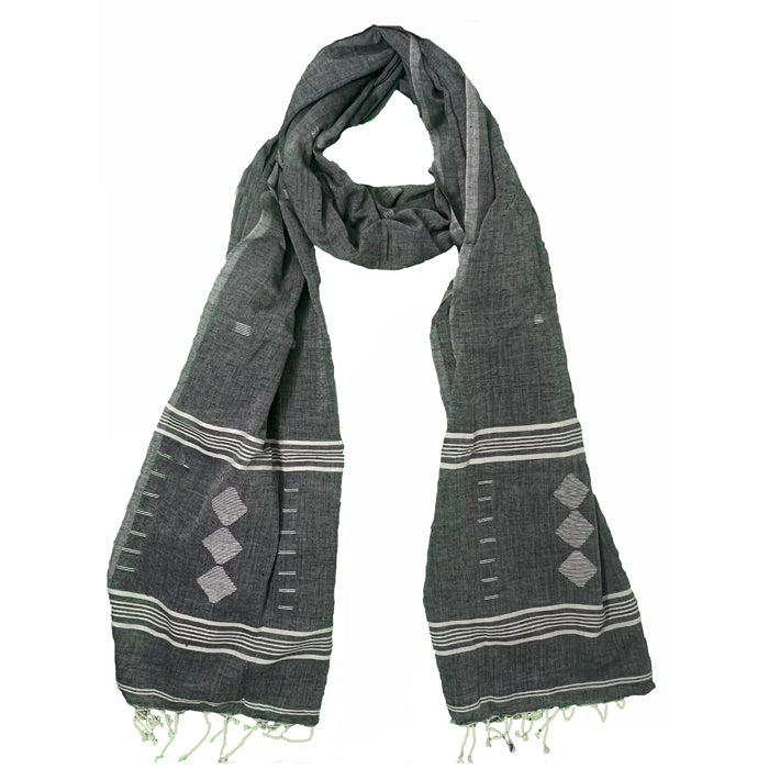 Dark Grey Jamdani Cotton Stole with White Raithoon Motif