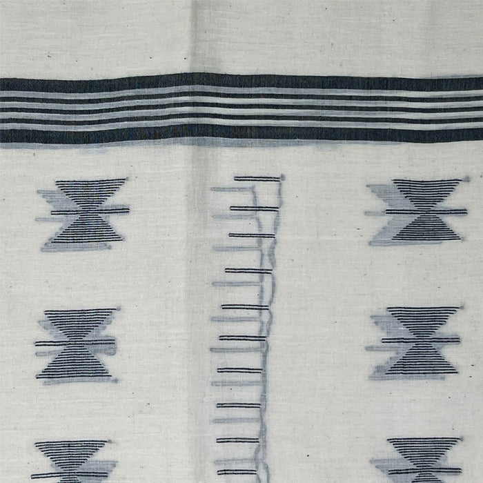 White Jamdani Cotton Stole with Blue Dugdugi Motif