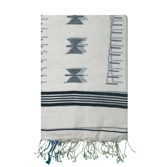 White Jamdani Cotton Stole with Blue Dugdugi Motif